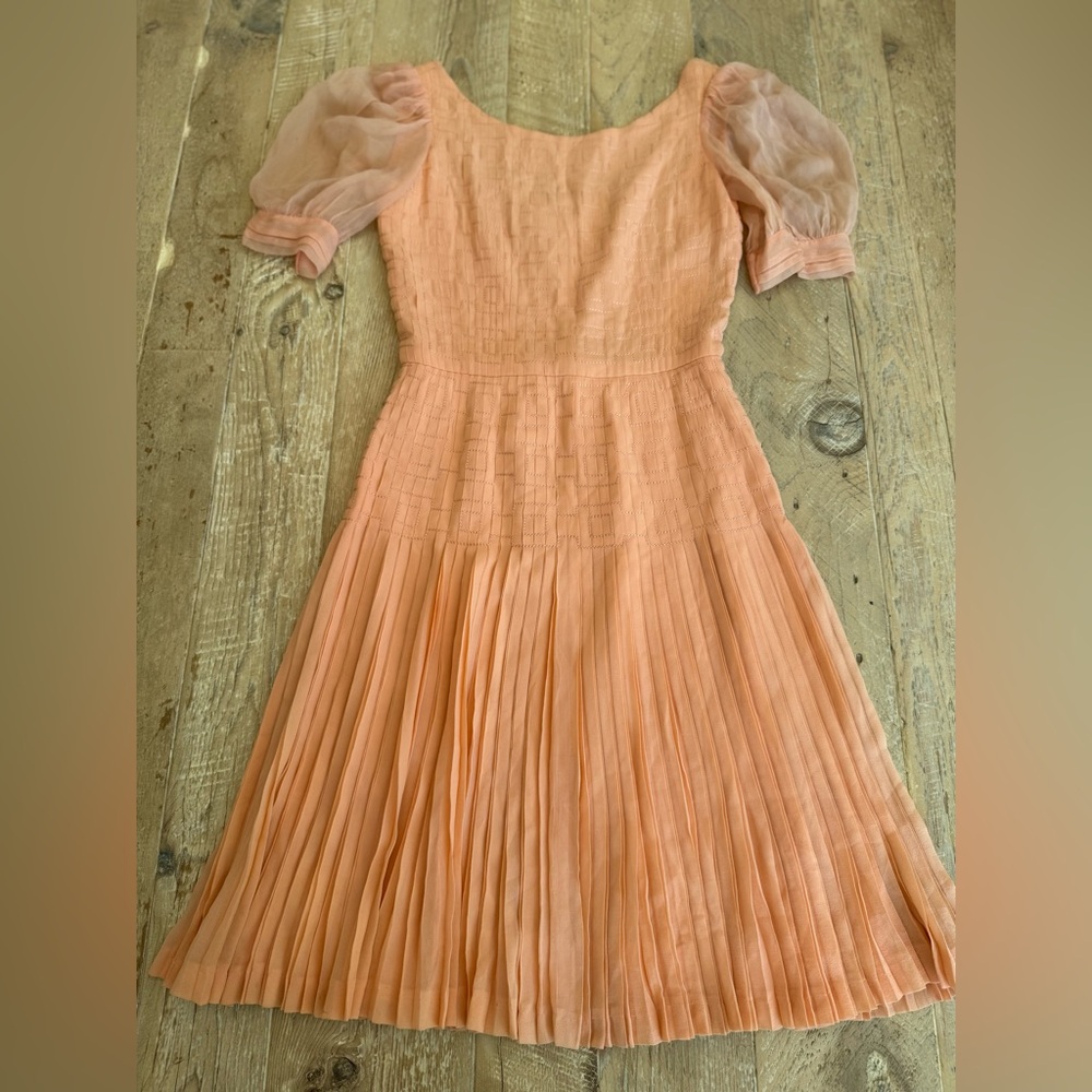 Vintage CHANEL Peach Pleated Silk Midi Dress with Sheer Puff Sleeves late 1980’s
